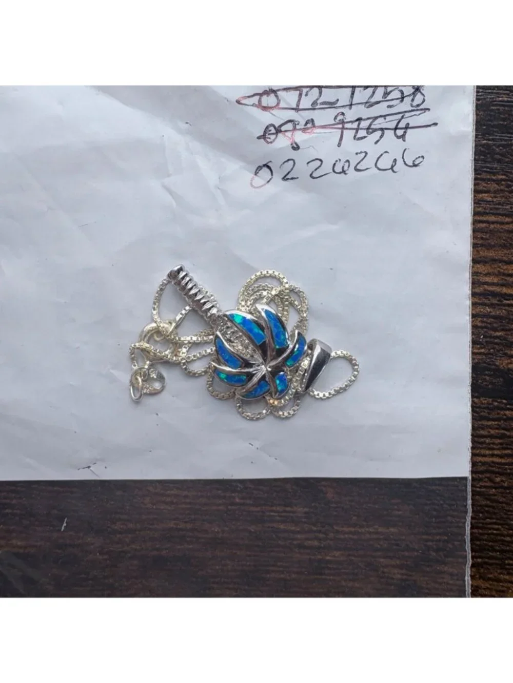 Blue Opal Palm Tree Pendant Necklace Sterling Silver 925 Size 15.5